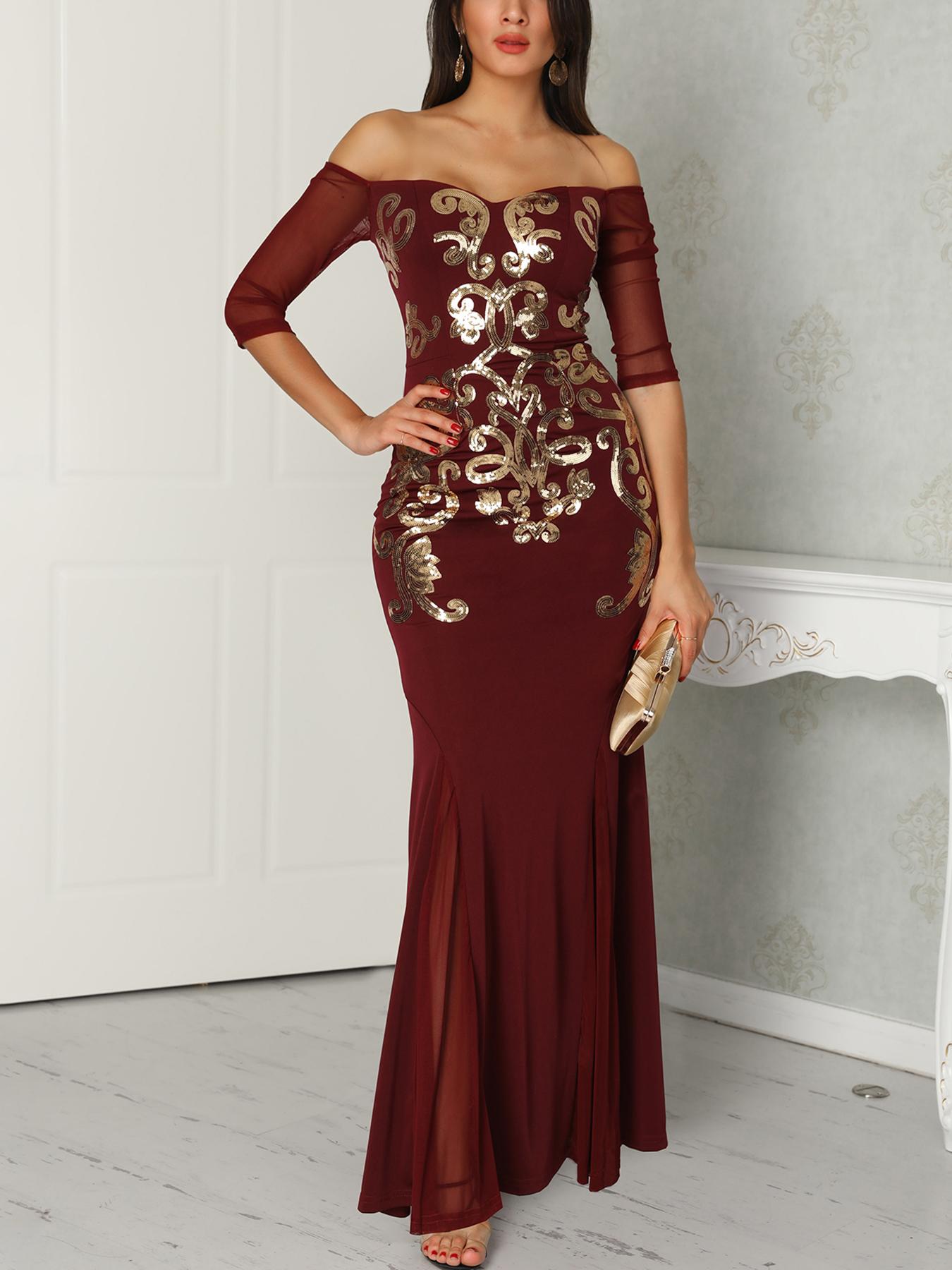 

Off Shoulder Floral Embroidered Maxi Dress, Purple