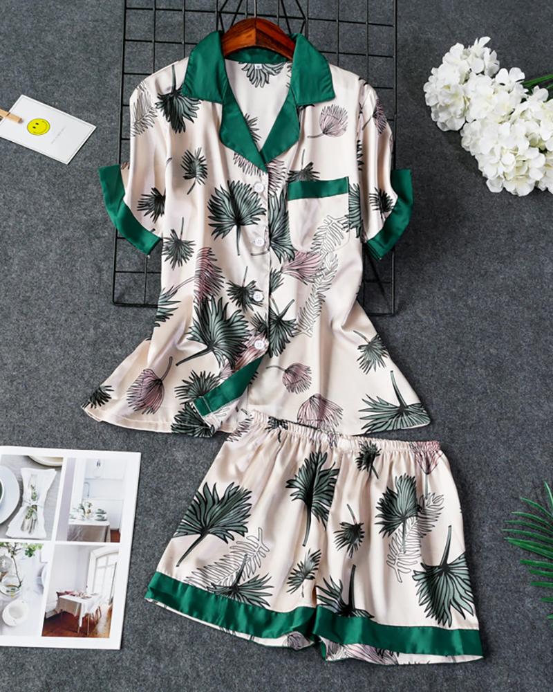 

Floral Print Pocket Design Pajamas Set, Green