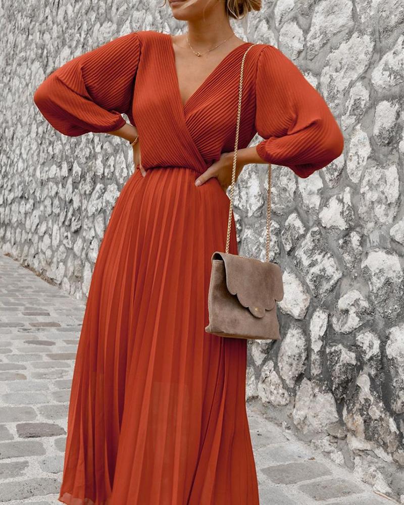 

Ruched Long Sleeve Solid Pleated Dress, Brown