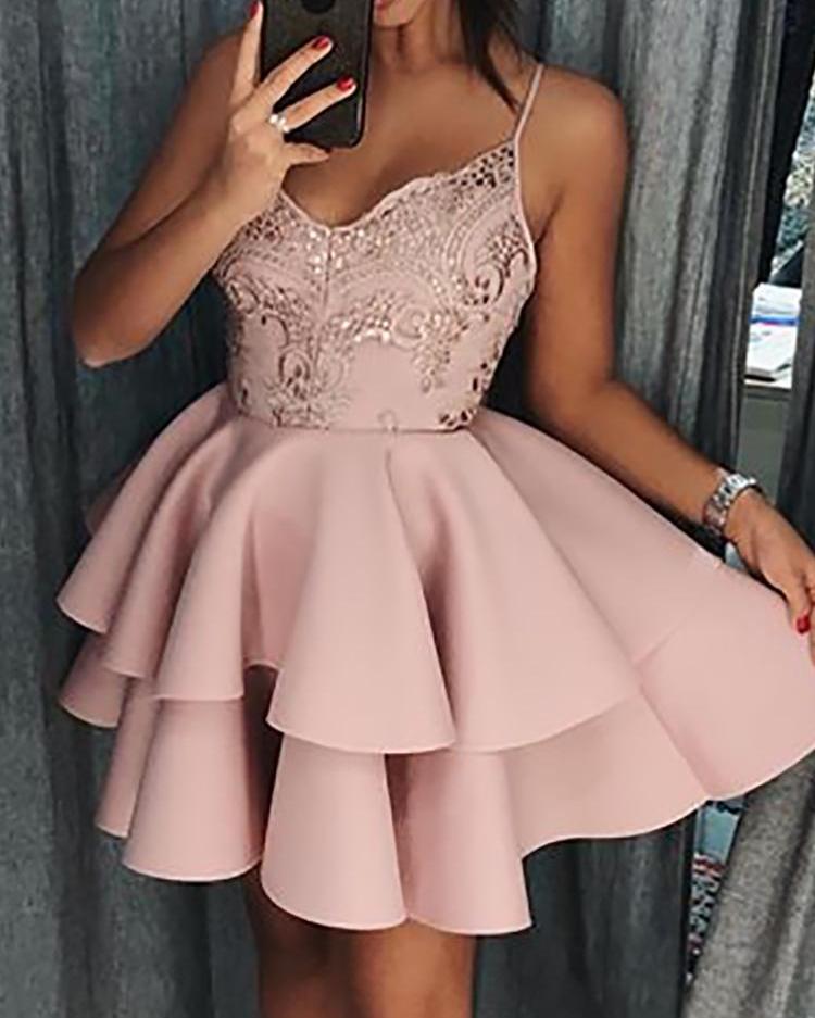 

Crochet Lace Ruffles Layered Boxed Dress, Pink