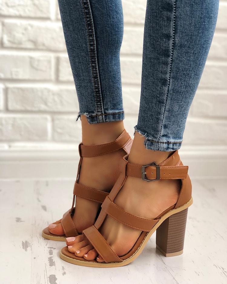 

Casual Solid Color Chunky Heel Sandals, Brown
