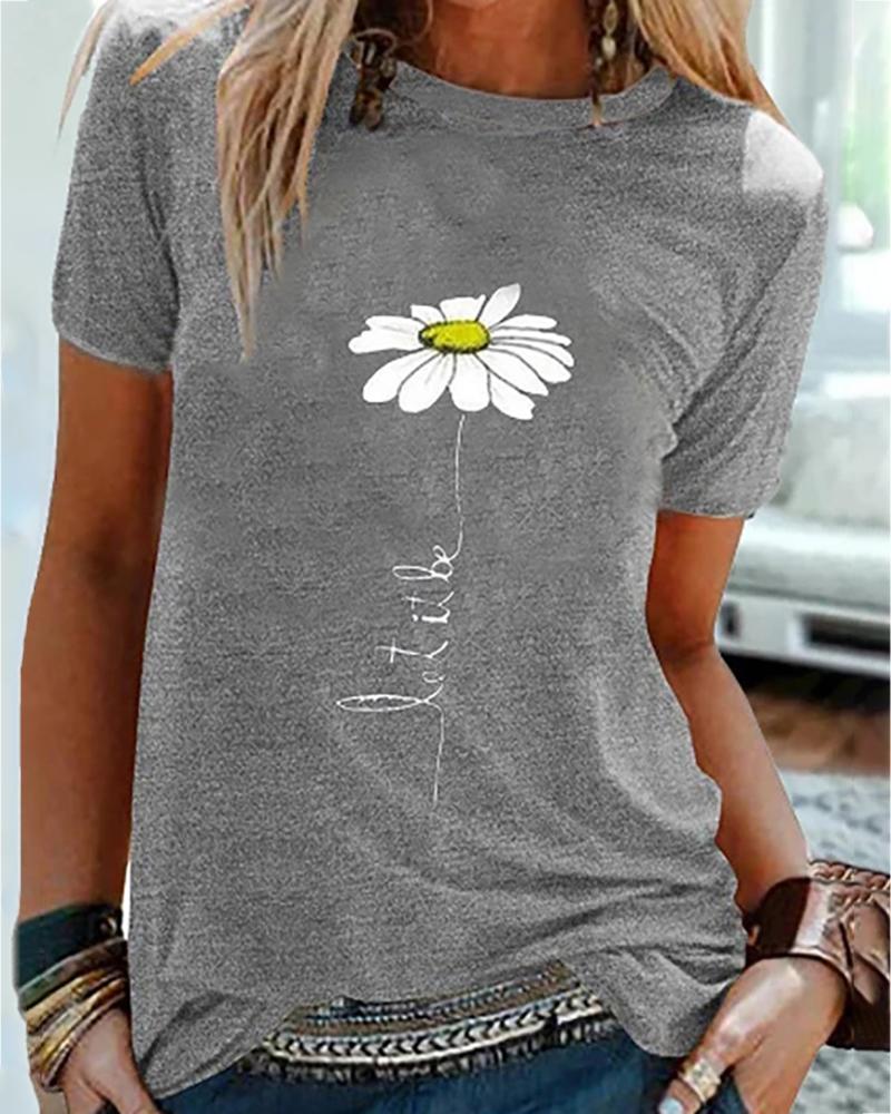 

Daisy Print Round Neck Casual T-shirt, Gray