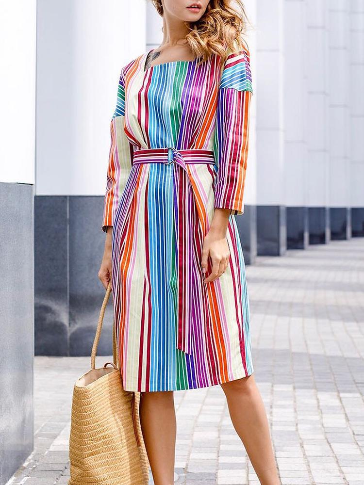 

Colorful Stripes Self Belted Casual Dress