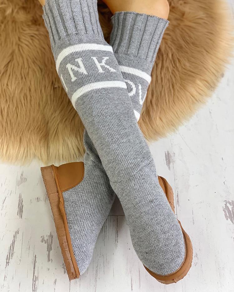 

Letter Graphic Knitted Sock Boots, Gray