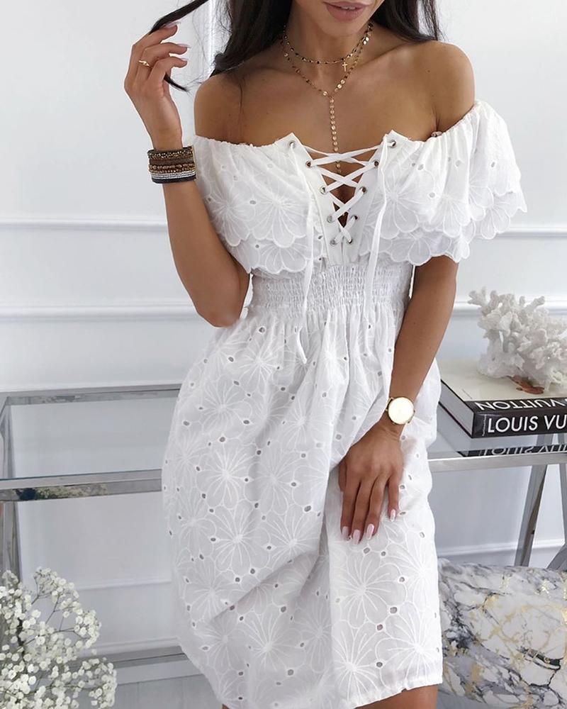 

Off Shoulder Eyelet Lace-up Hollow Out Embroidery Dress, White