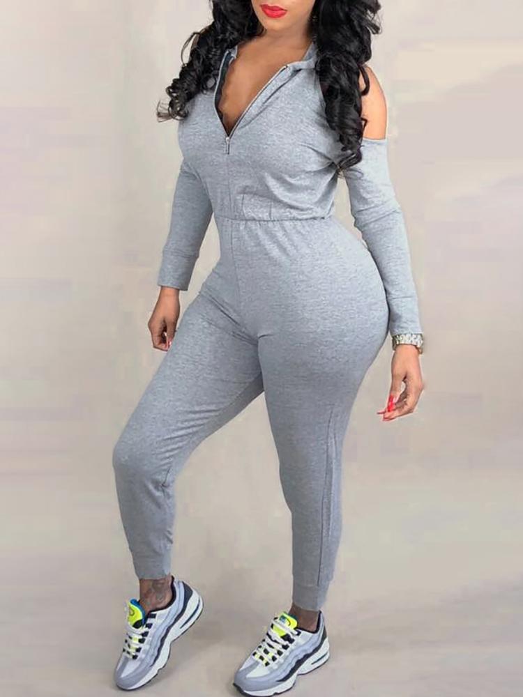 

Cold Shoulder Hooded Quarter Zip Jumpsuits, Gray
