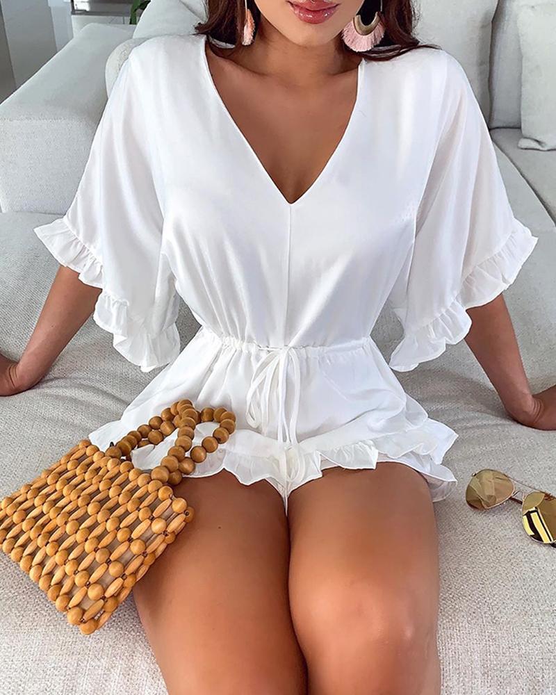 

V Neck Ruffle Trim Romper, White
