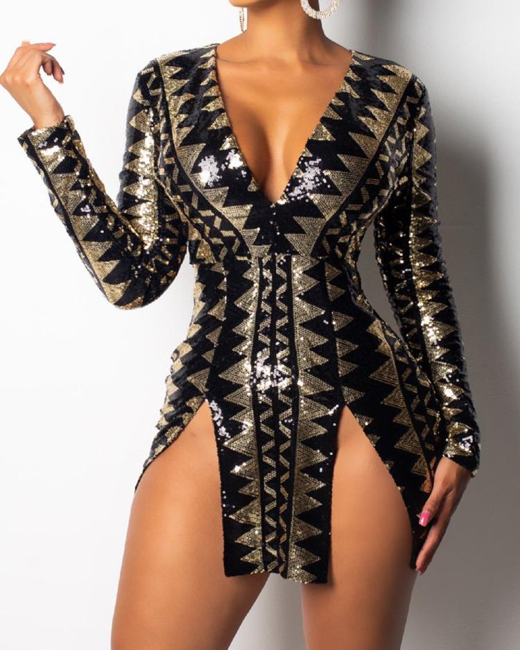 

Deep V Slit Sequin Party Dress, Gold