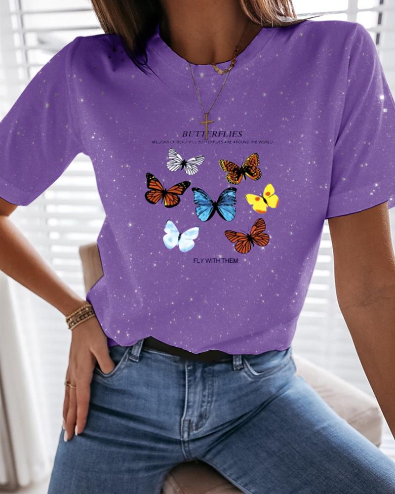 

Butterfly Letter Print Glitter T-Shirt, Purple