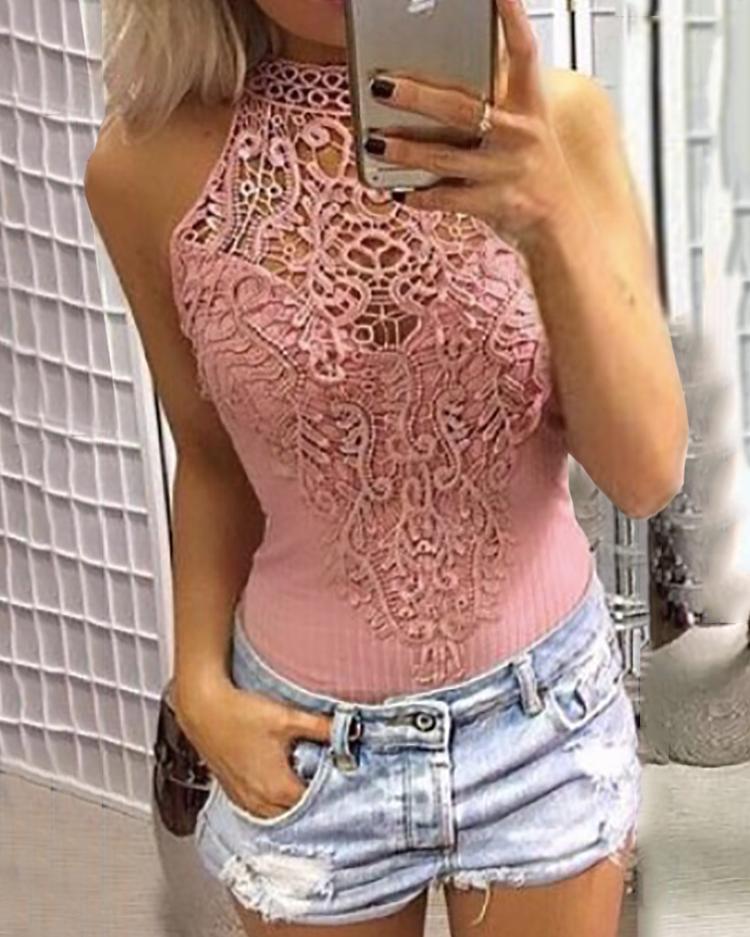 

Sexy Hollow Out Lace Crochet Slinky Bodysuit, Pink