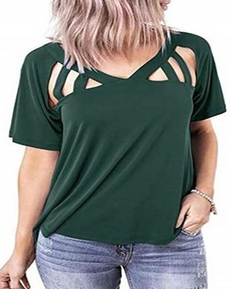 

Solid Cut Out Design V-neck T-shirt, Green