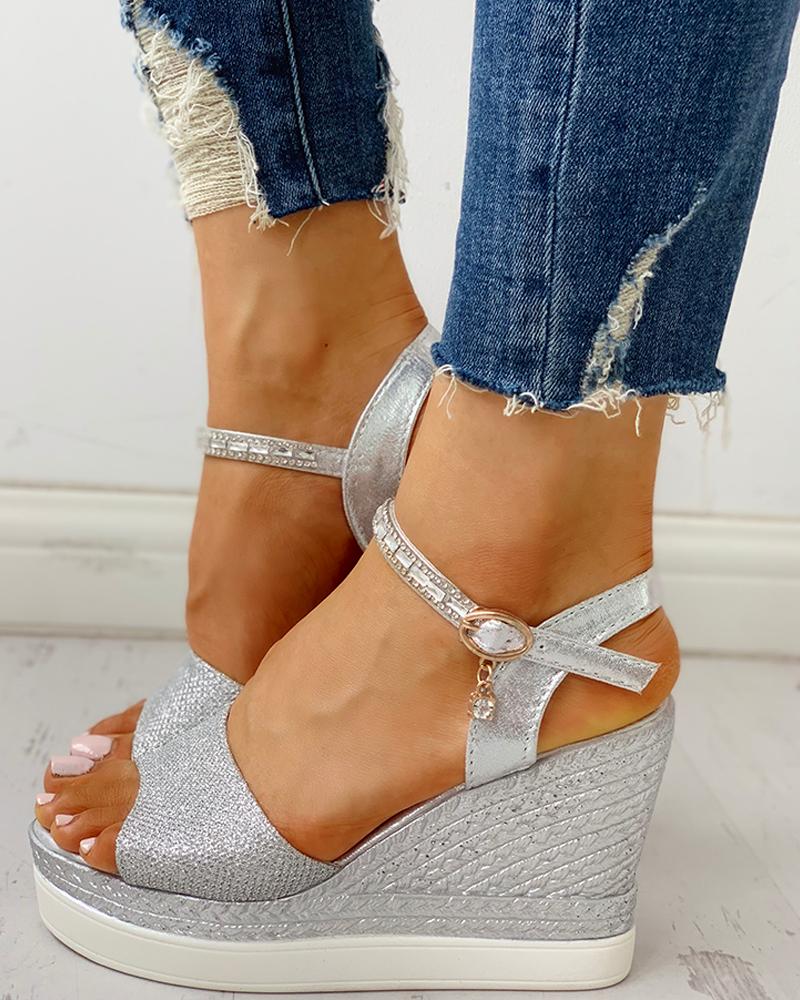 

Ankle Strap Platform Wedge Sandals, Silver