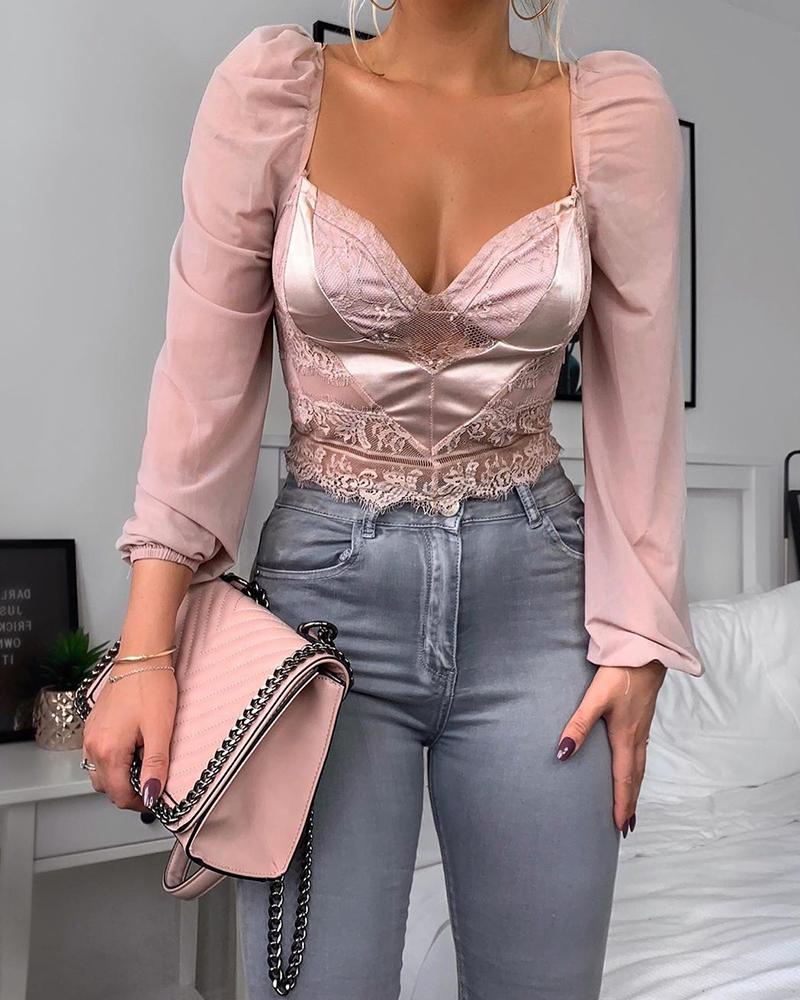 

Long Sleeve Lace Corset Top, Pink