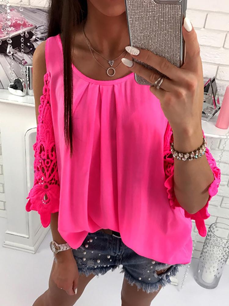 

Cold Shoulder Splicing Crochet Casual Blouse, Hot pink
