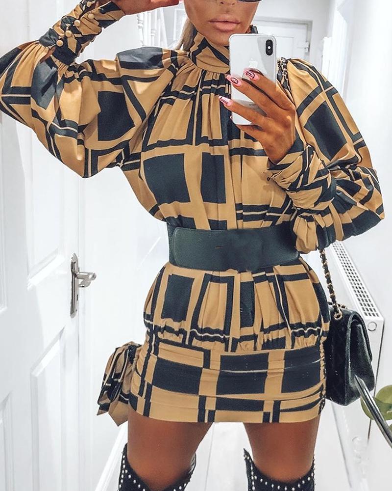 

Geometric Print Long Sleeve Dress, Khaki