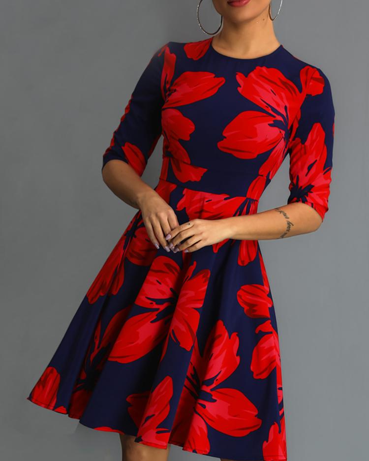 

Floral Print Ruched Design Midi Dress, Red