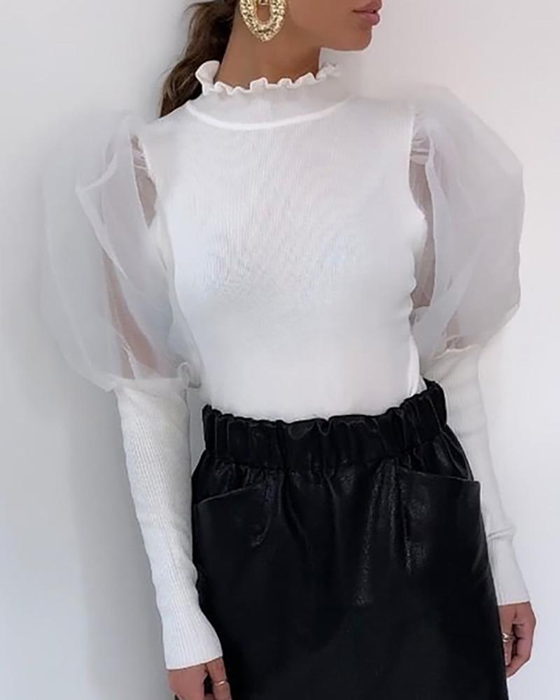 

Mock Neck Puff Sleeve Mesh Insert Ribbed Frill Blouse, White