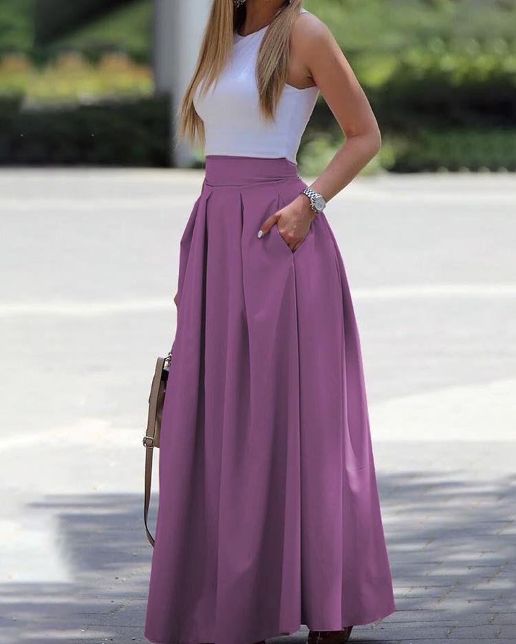 

Sleeveless Cropped Top & Pleated Skirt Sets, Purple