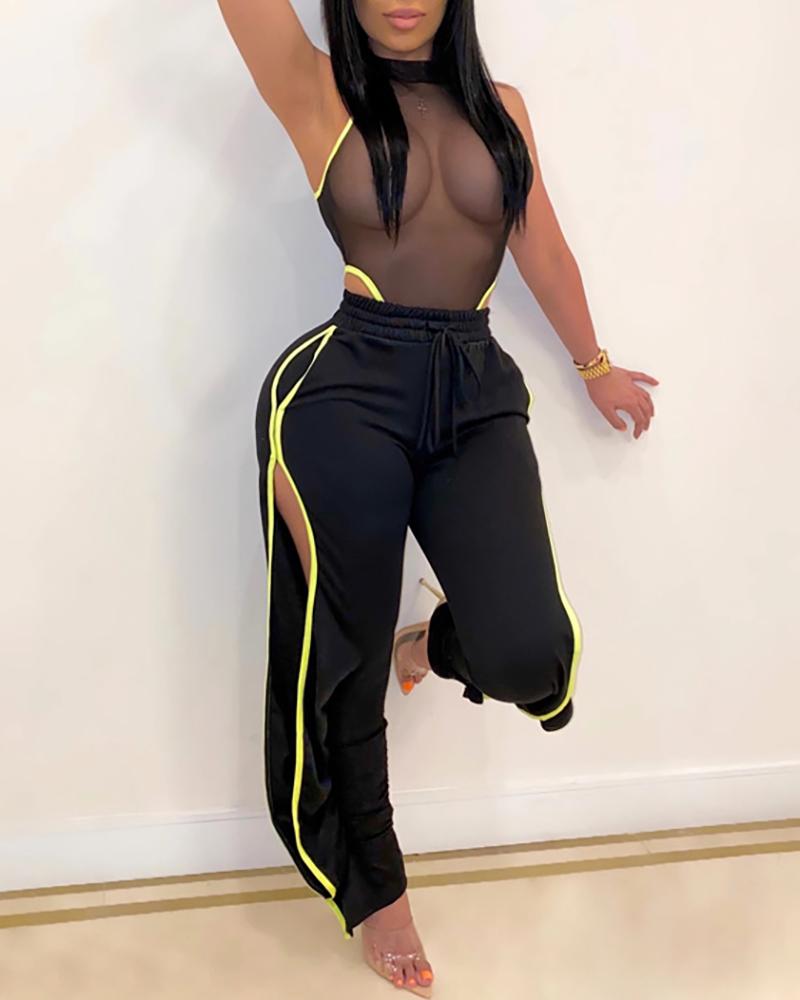 

Colorblock Sheer Mesh Bodysuit & Slit Pants Set, Black