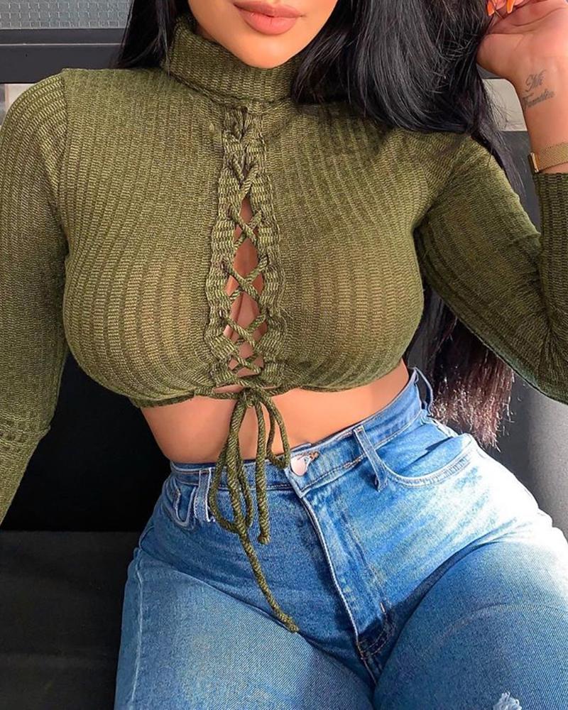 

Solid Drawstring Design Lace-Up Sweater