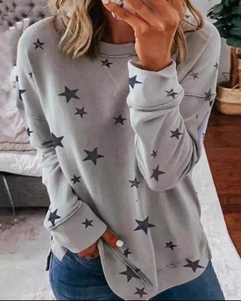 

Stars Print Long Sleeve Casual Sweatshirt, Gray