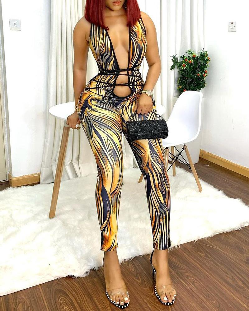 

All Over Print Plunge Strappy Jumpsuit, Yellow