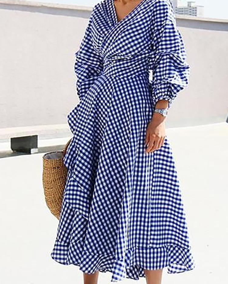 

Gingham Lantern Sleeve Flounced Dress, Blue