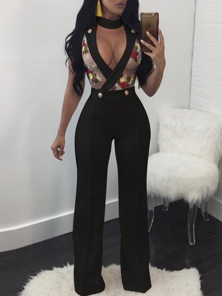 

Semi-sheer Floral Applique Mesh Jumpsuit, Black