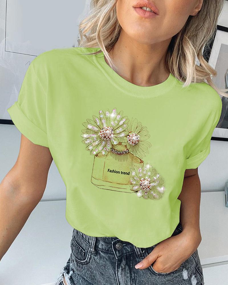 

Print Studded Beaded Casual T-shirt, Green
