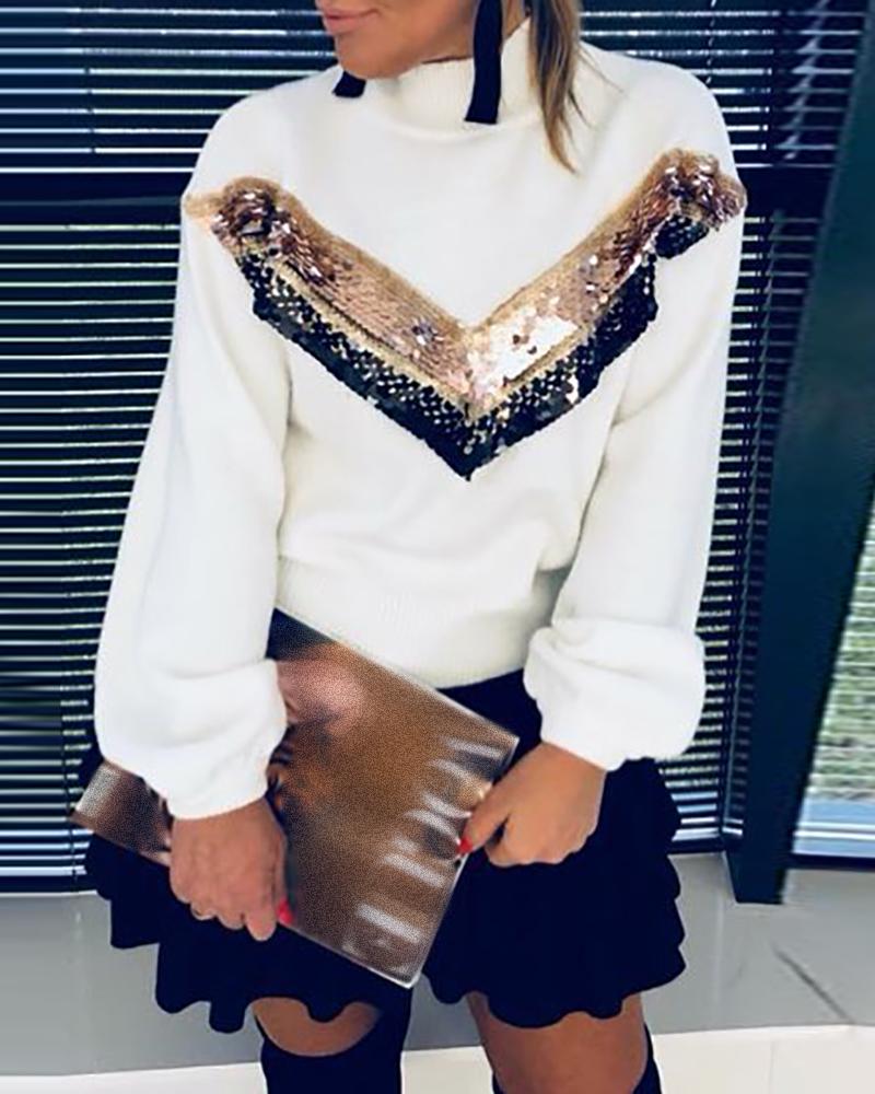 

Sequins Colorblock Long Sleeve Casual Sweater, White