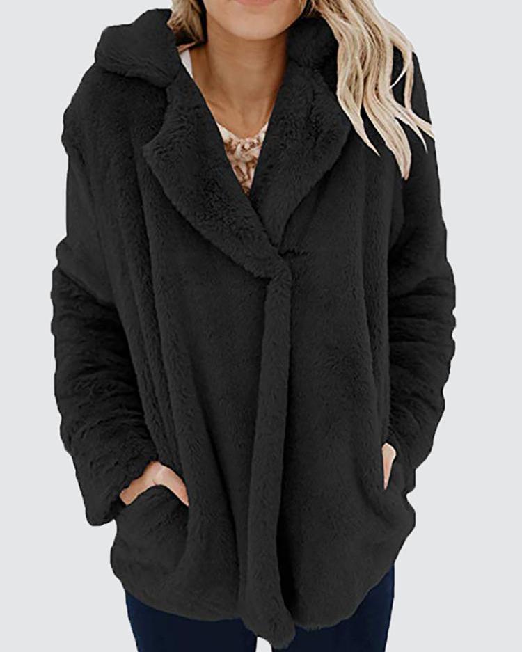 

Solid Fluffy Pocket Design Long Sleeve Coat, Black