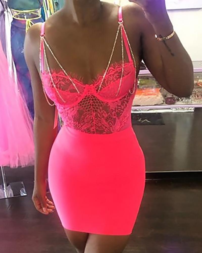 

Mesh Eyelash Lace Spaghetti Strap Bodysuit, Pink