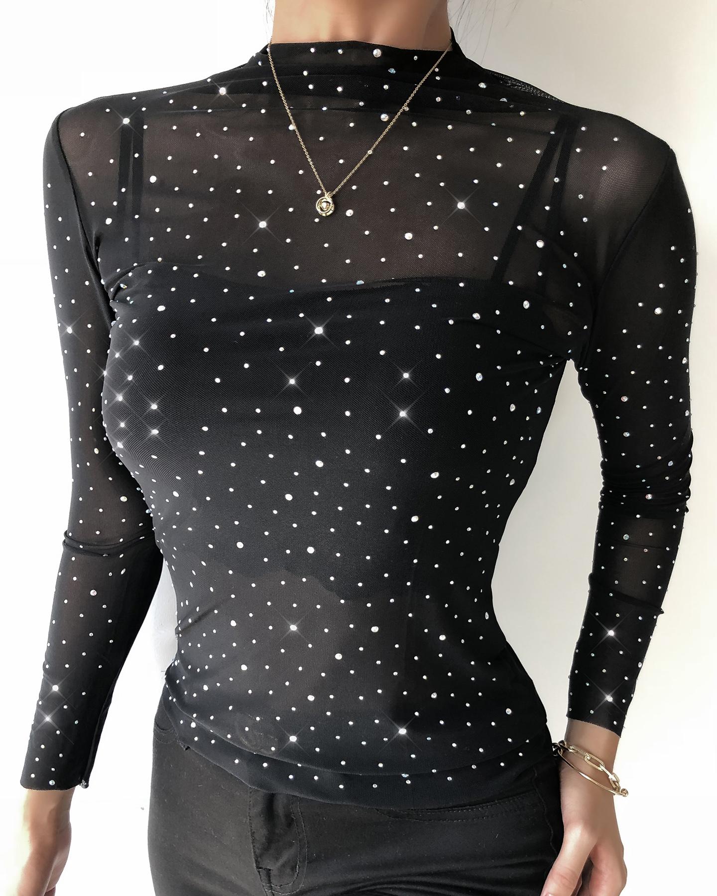 

Sheer Mesh Studded Long Sleeve Top, Black