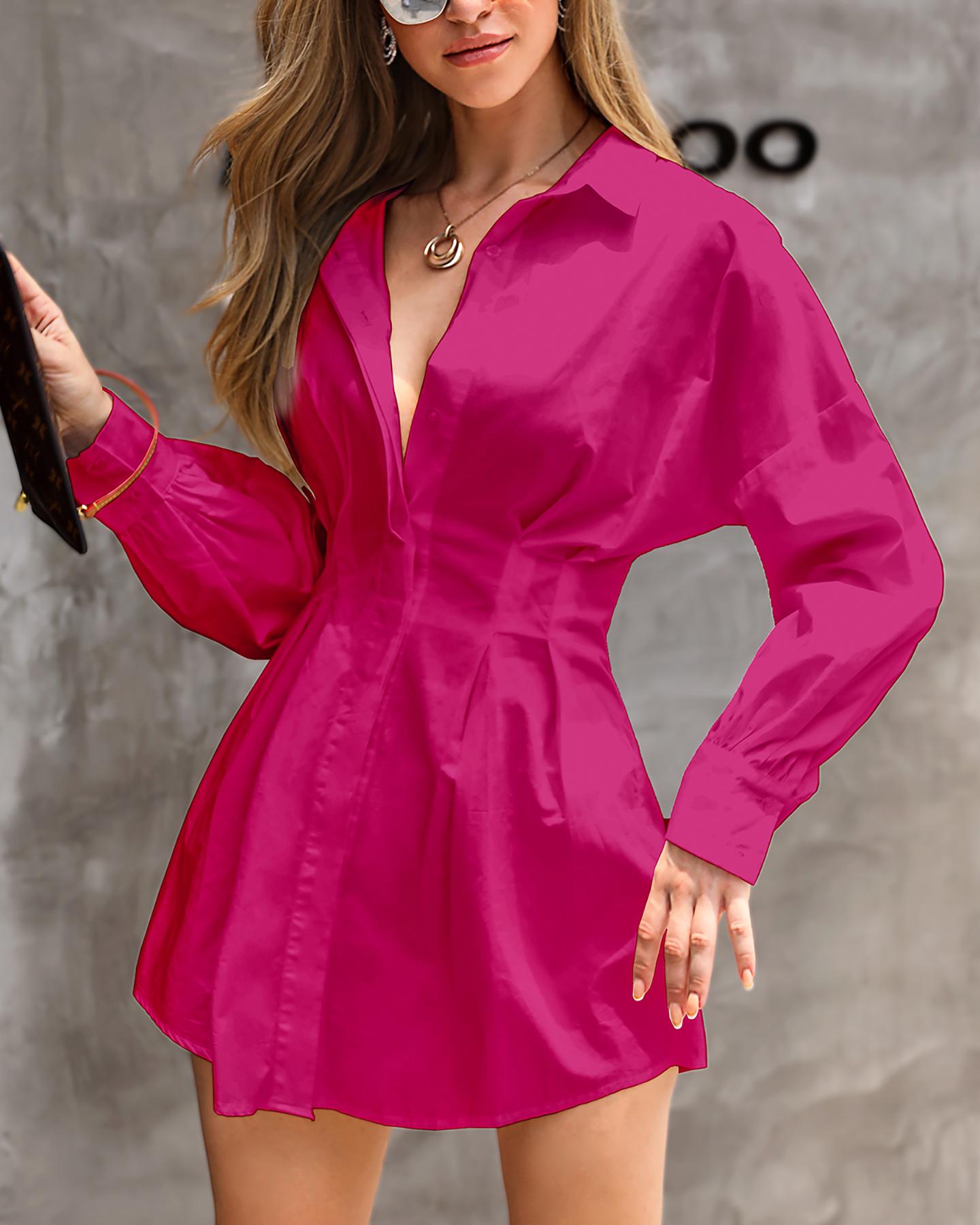 

Solid Long Sleeve Tight Waist Shirt Dress, Hot pink