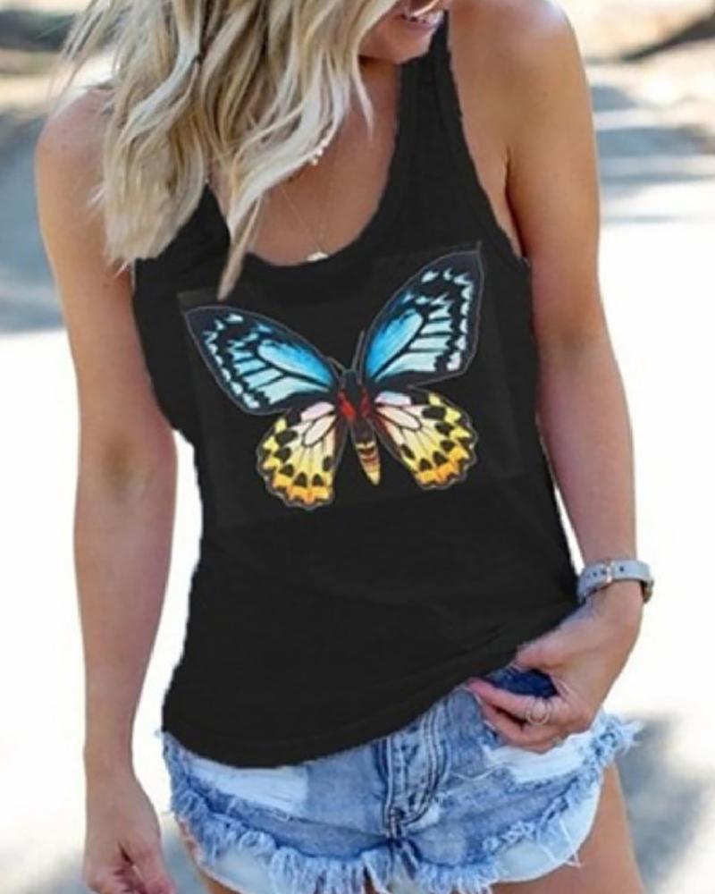 

Butterfly Print Sleeveless Casual Top, Black