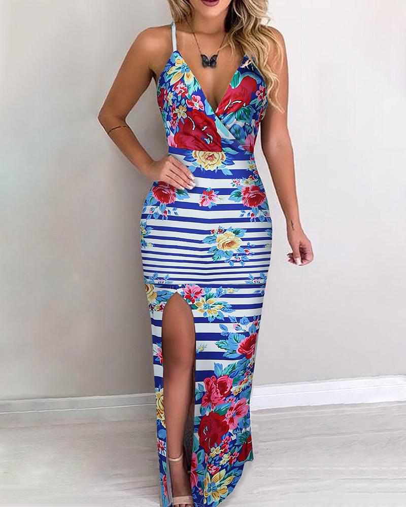 

Striped Floral Print Slit Maxi Dress, Blue