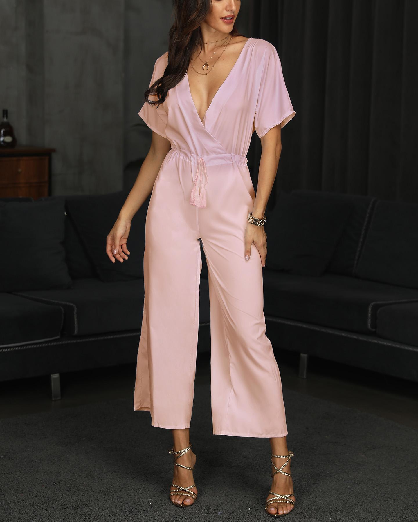 

Deep V Short Sleeve Tie Waist Jumpsuit, Pink