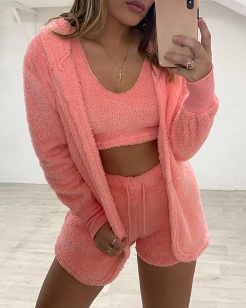 

Teddy Crop Top & Drawstring Shorts & Hooded Cardigan Set, Pink