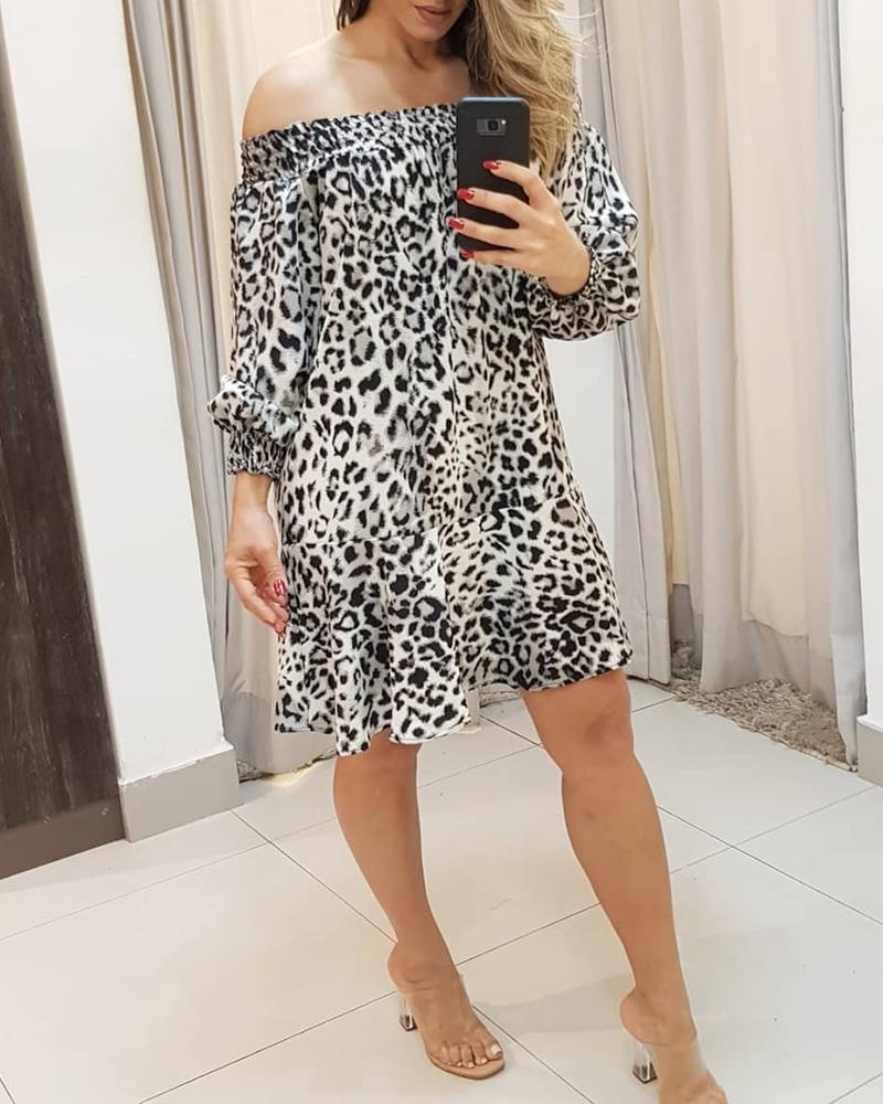 

Off Shoulder Cheetah Print Shirring Ruffles Casual Dress, Leopard