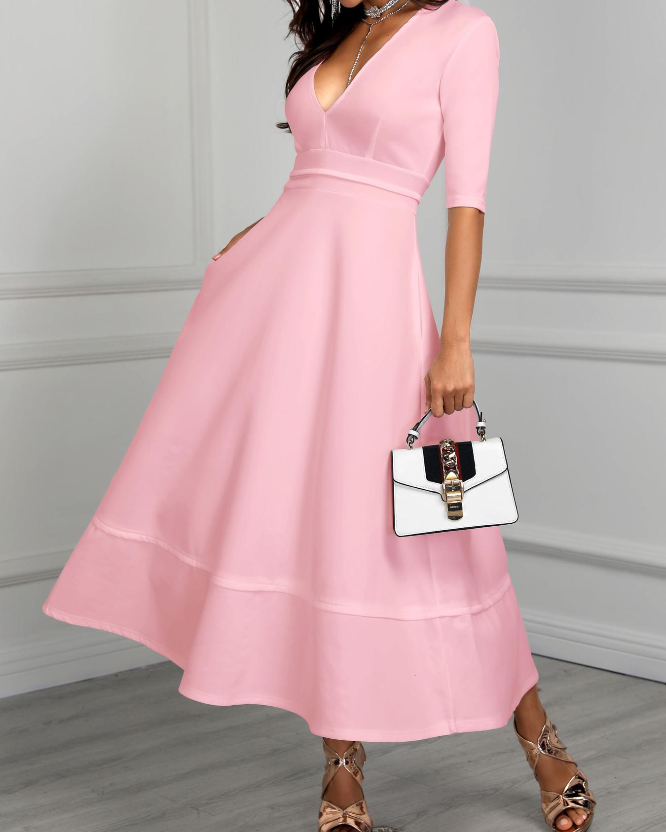 

New Style Pleated Deep V Neck High Waist Maxi Dress, Pink