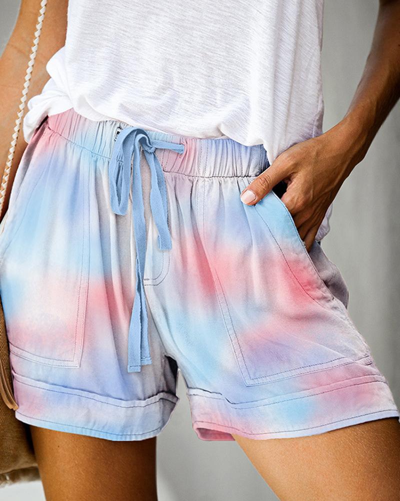 

Tie Dye Print Drawstring Casual Shorts, Light blue