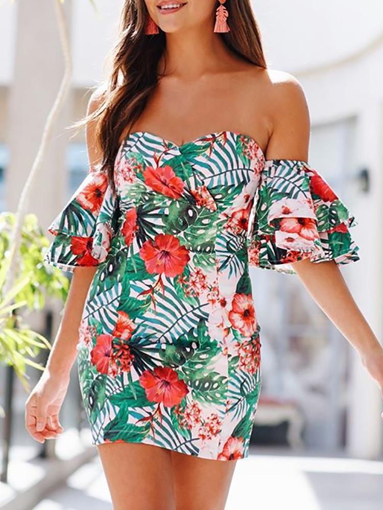 

Tropical Print Layered Sleeve Sheath Bardot Dress, Multicolor