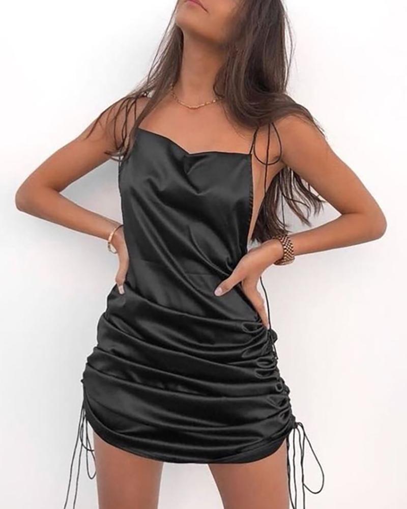 

Spaghetti Strap Open Back Ruched Satin Dress, Black