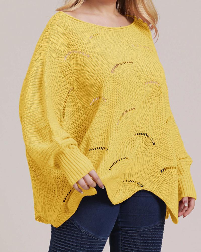 

Plus Size Plain Batwing Sleeve Hollow-out Sweater, Yellow