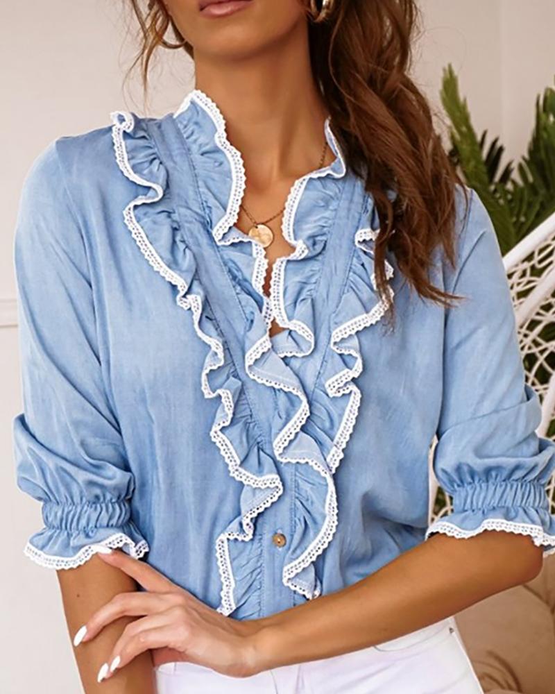 

Ruffles Contrast Binding V-neck Blouse, Blue