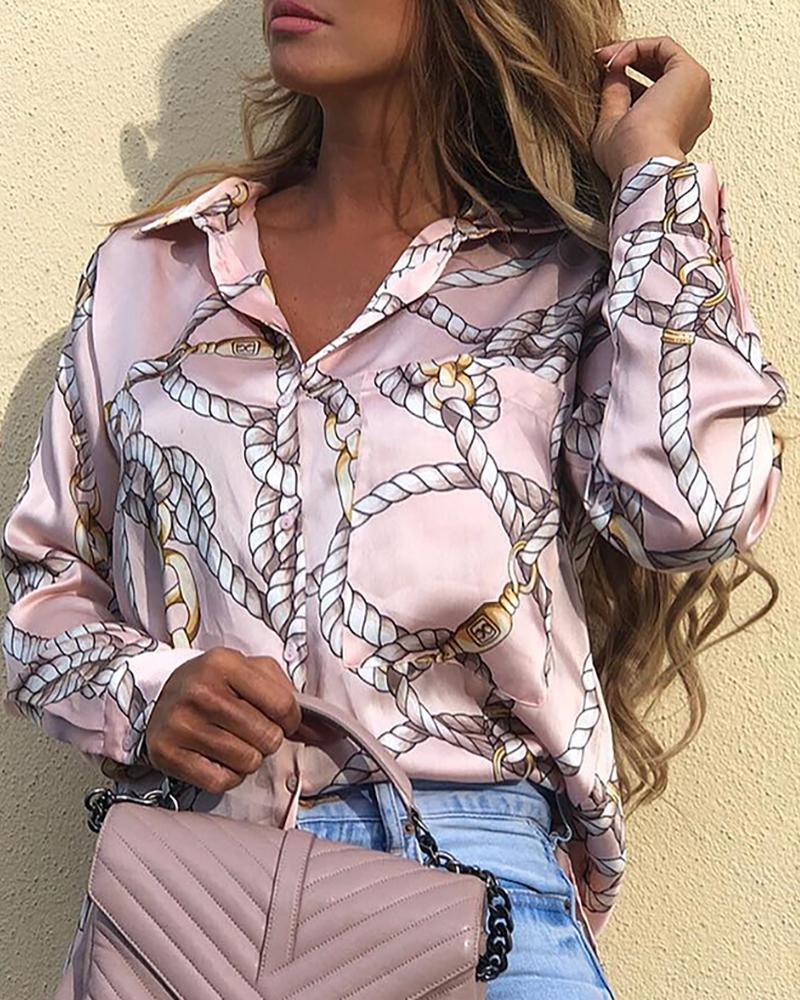 

Rope Print Long Sleeve Casual Shirt, Pink