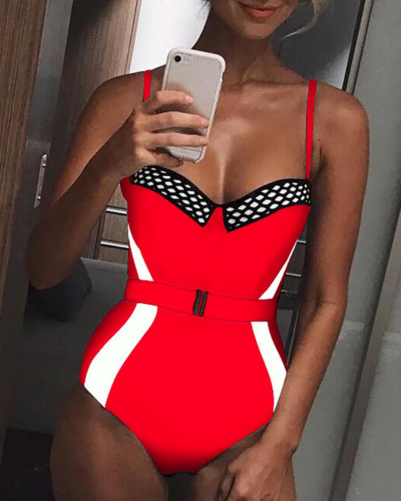 

Contrast Color Fishnet Belted One-piece Swimsuit, Red