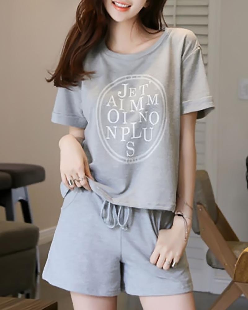 

Letter Print Short Sleeve Drawstring Pajamas Set, Dark grey