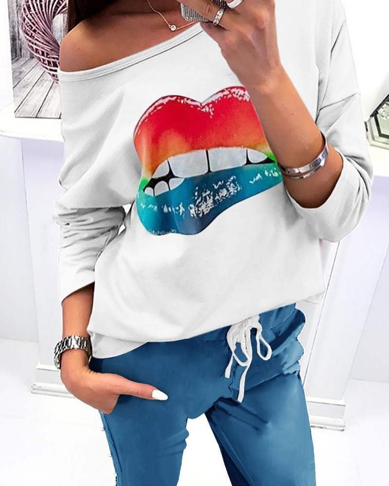 

Lip Print Long Sleeve Top & Pants Set, Blue