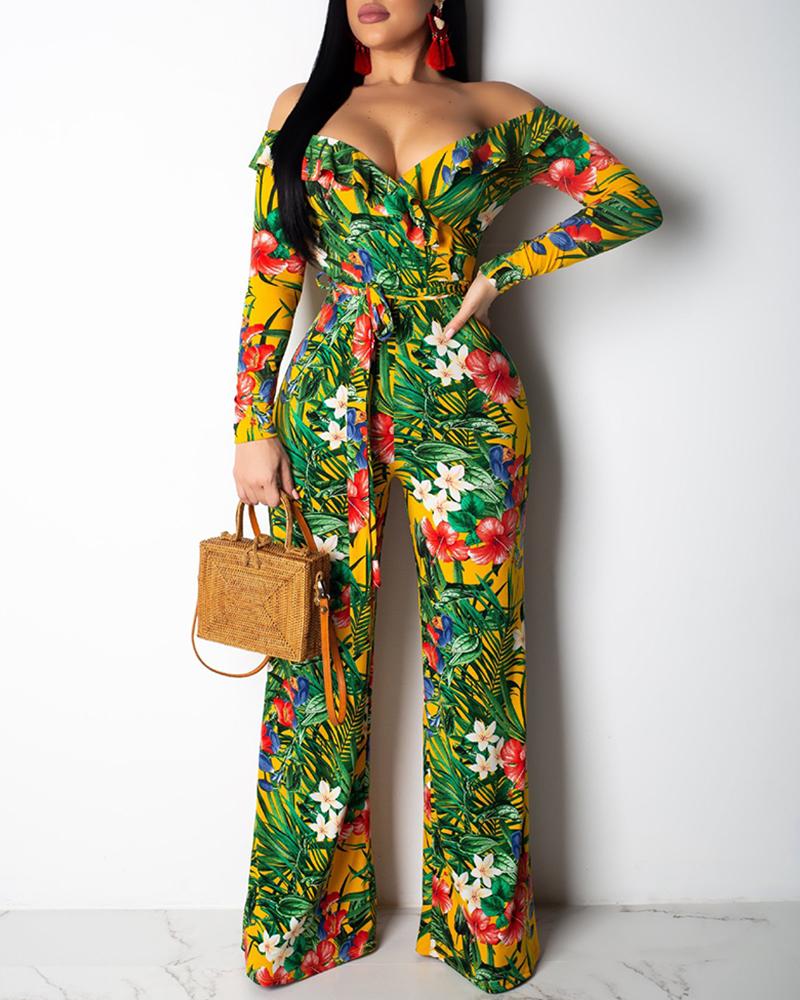

Off Shoulder Tropical Print Casual Jumpsuit, Yellow